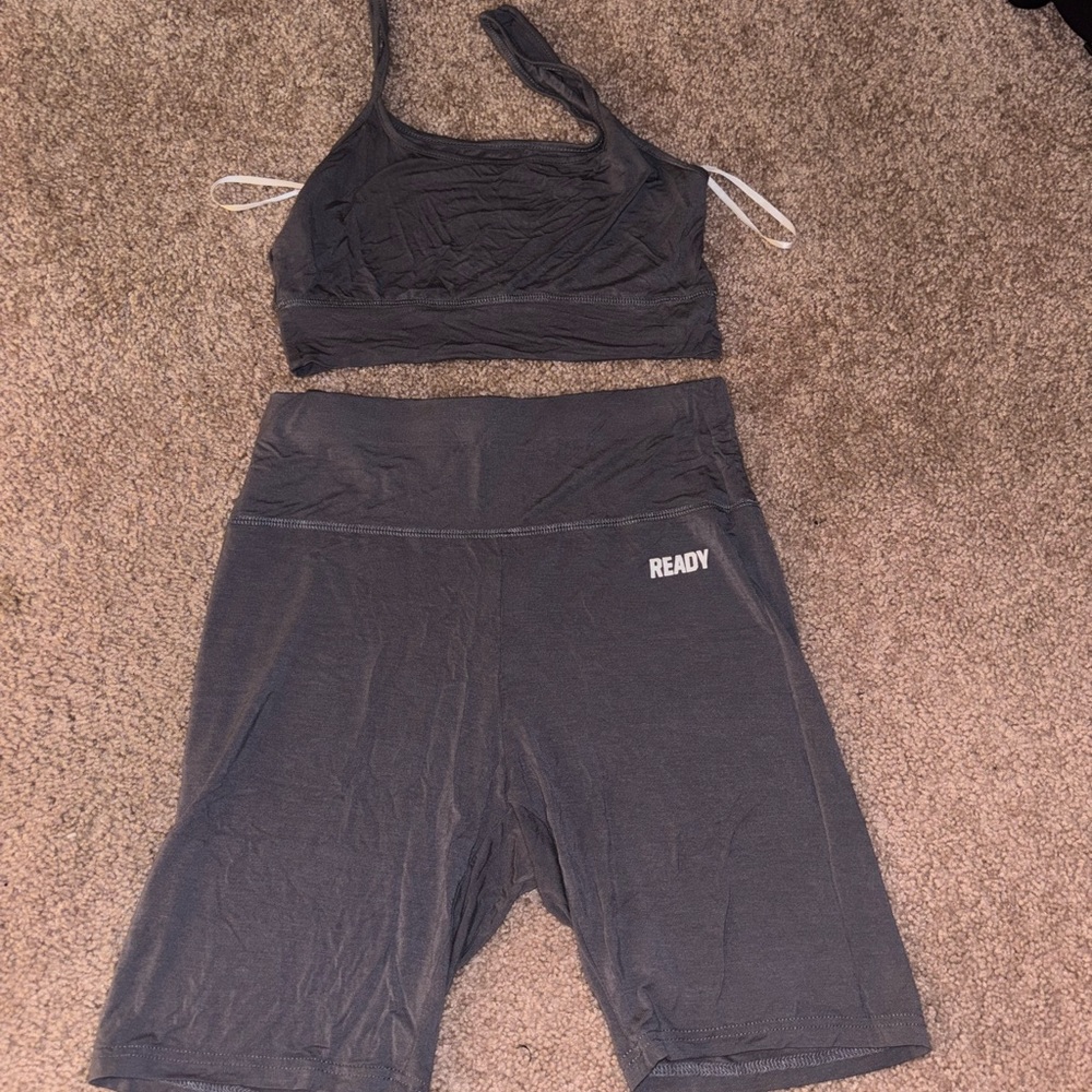 Gray Athletic Set with Sports Bra and Shorts